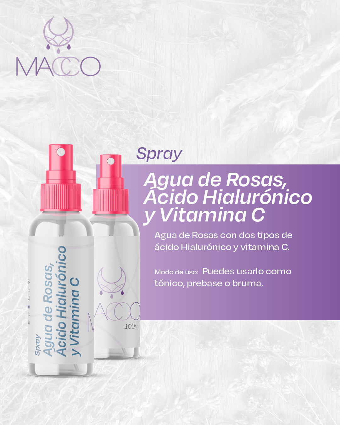 Spray Agua de Rosas, Ácido Hialurónico y Vitamina C