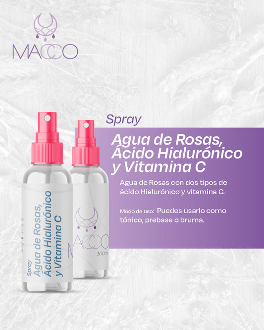 Spray Agua de Rosas,  Ácido Hialurónico y Vitamina C